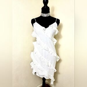 Asymmetrical White Ruffle Slip Dress - Women
